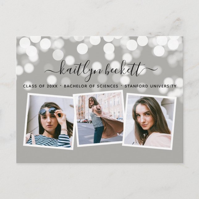 Modern Bokeh Lights 3 Photo Graduation Announcement Postcard (Front)
