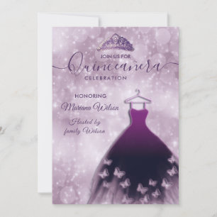 Modern bokeh purple butterfly dress tiara Quince Invitation