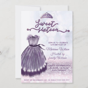 Modern bokeh purple dress tiara sweet 16 invitation