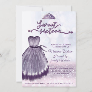 Modern bokeh purple dress tiara sweet 16 invitation