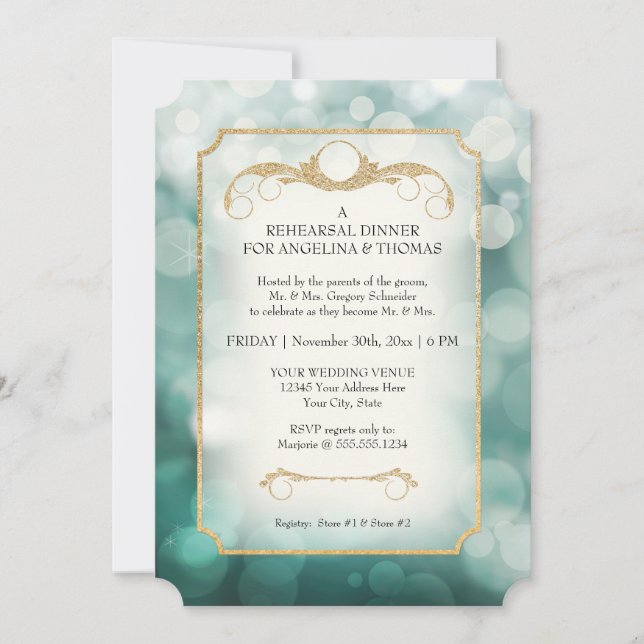 Modern Bokeh Sparkle Aqua Twinkle Rehearsal Dinner Invitation (Front)