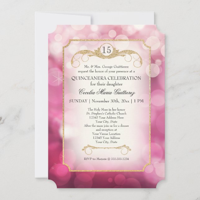 Modern Bokeh Sparkle Pink Twinkle Quinceanera Invitation (Front)