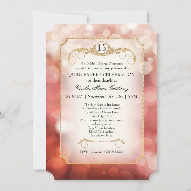 Modern Bokeh Sparkle Rose Twinkle Quinceanera Invitation (Front)