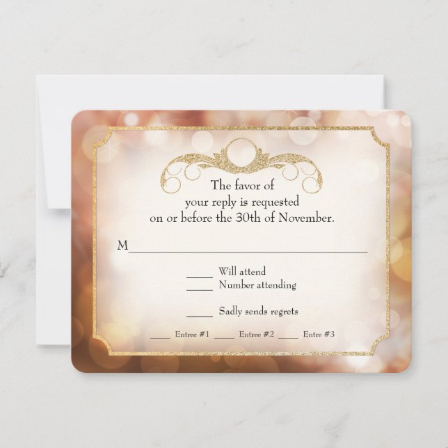 Modern Bokeh Sparkle Twinkle Amber Gold RSVP (Front)