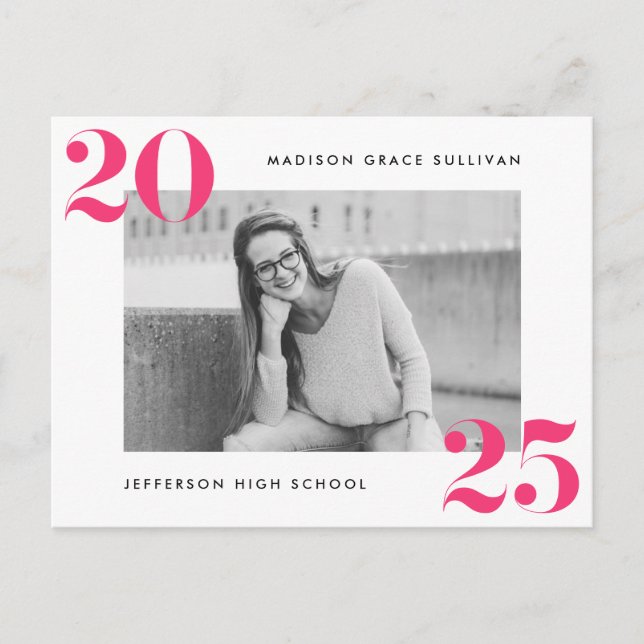 Modern Bold 2025 Hot Pink Photo Graduation Party Invitation Postcard (Front)