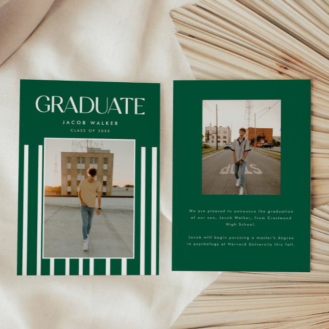 Modern Bold 2-Photo Green Striped Graduation Announcement (Creator Uploaded)