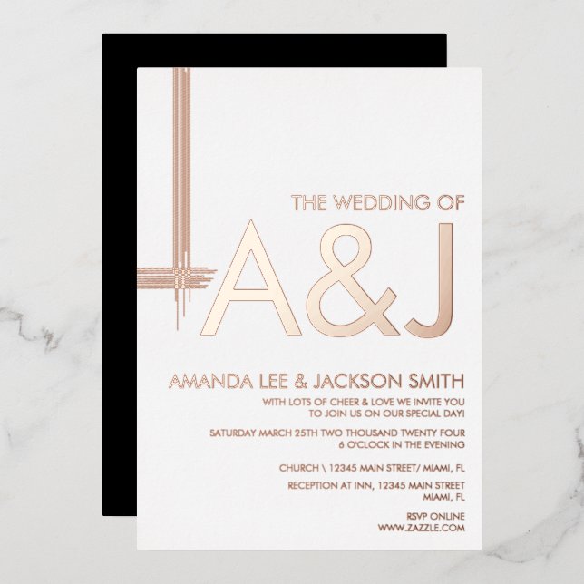 Modern Bold Abstract Line Wedding  Foil Invitation (Front/Back)