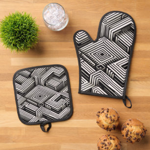 Modern bold Abstract Monochrome Geometric Pattern Oven Mitt & Pot Holder Set