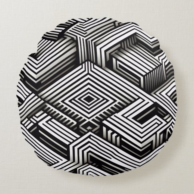 Modern bold Abstract Monochrome Geometric Pattern Round Cushion (Front)