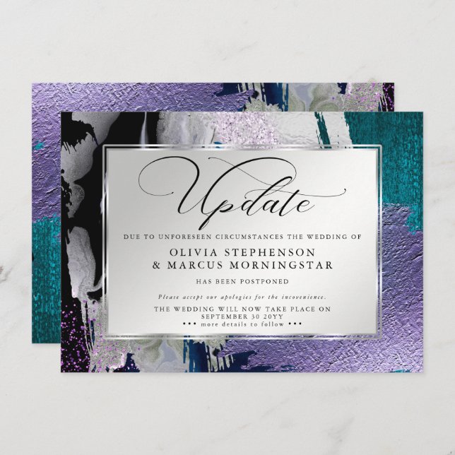 Modern Bold Abstract Orchid Aqua Postponement Invitation (Front/Back)
