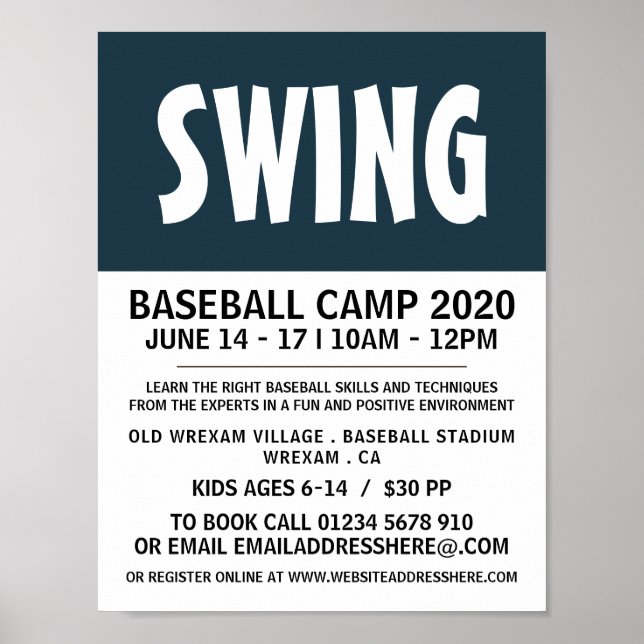 Modern Bold, Baseball Camp Advert Poster (Front)