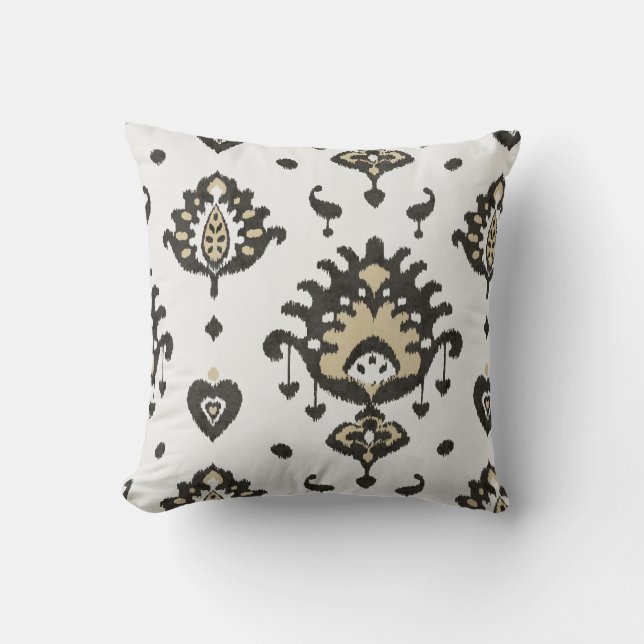 Modern bold beige black white ikat tribal pattern cushion (Front)