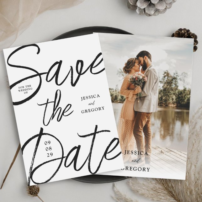 Modern Bold Black and White Script Photo Wedding Save The Date (Creator Uploaded)
