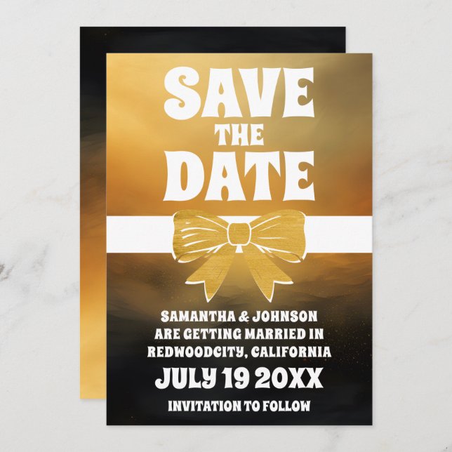 Modern Bold Black Gold Bow Save The Date  Invitation (Front/Back)