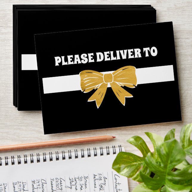 Modern Bold Black Gold Bow Wedding Envelope (Stacked)