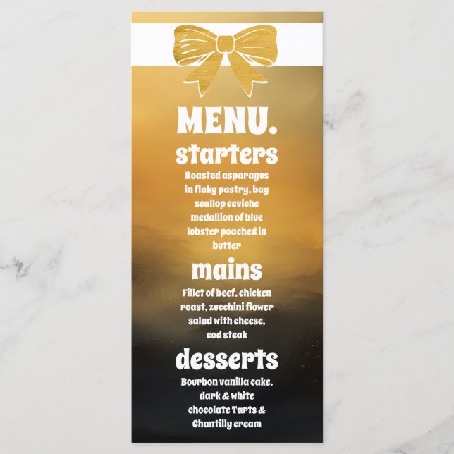 Modern Bold Black Gold Bow Wedding Menu Card (Front)