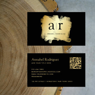 Modern Bold Black Gold Brush QR Code Business Card