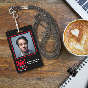 Modern Bold Black Red White Monogram Logo Photo ID Badge