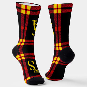 Modern Bold, black, red, yellow plaid monogram Socks