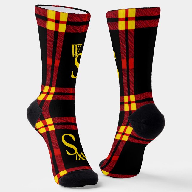Modern Bold, black, red, yellow plaid monogram Socks (Creator Uploaded)