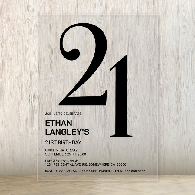 Modern Bold Black Text 21st Birthday Party Acrylic Invitations (Creator Uploaded)