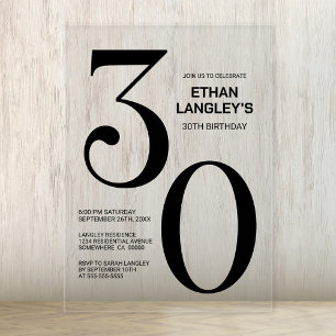 Modern Bold Black Text 30th Birthday Party Acrylic Invitations