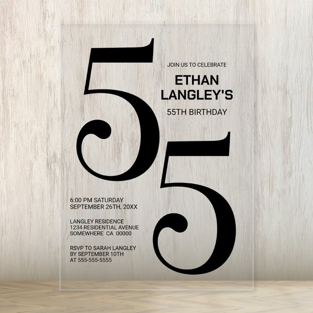 Modern Bold Black Text 55th Birthday Party Acrylic Invitations (Creator Uploaded)