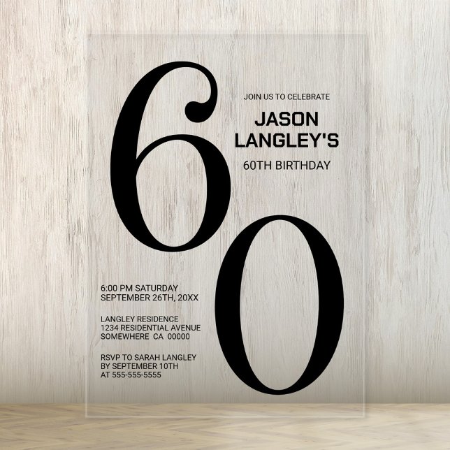 Modern Bold Black Text 60th Birthday Party Acrylic Invitations (Creator Uploaded)