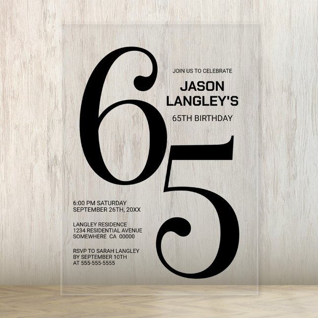 Modern Bold Black Text 65th Birthday Party Acrylic Invitations (Creator Uploaded)