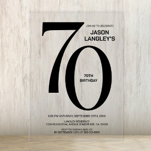 Modern Bold Black Text 70th Birthday Party Acrylic Invitations