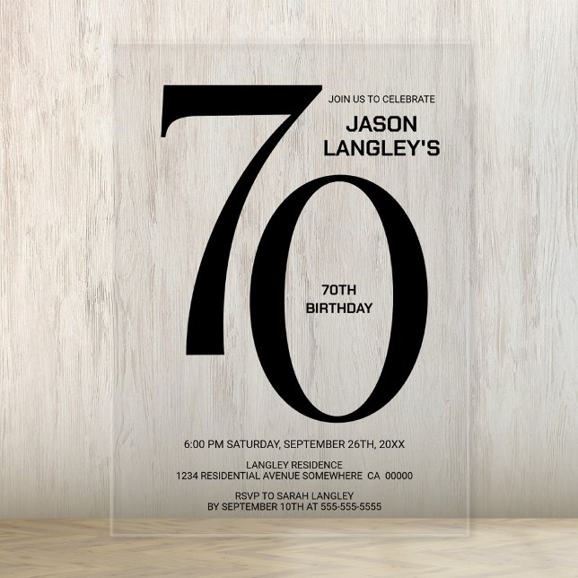 Modern Bold Black Text 70th Birthday Party Acrylic Invitations (Creator Uploaded)