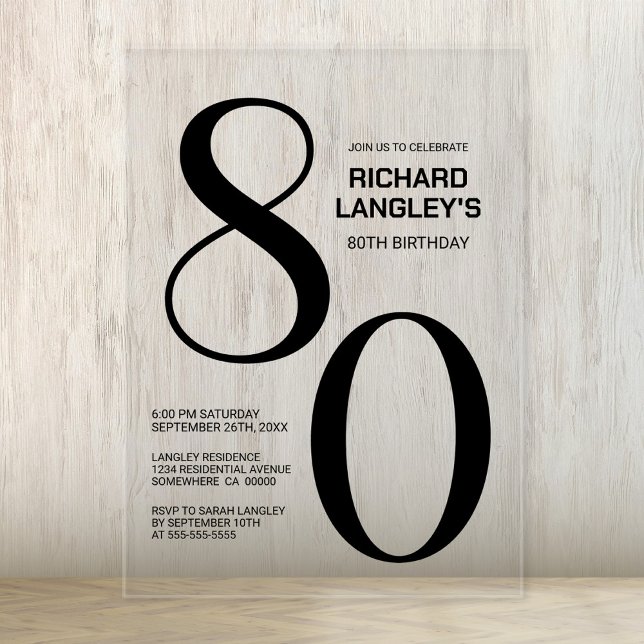 Modern Bold Black Text 80th Birthday Party Acrylic Invitations (Creator Uploaded)