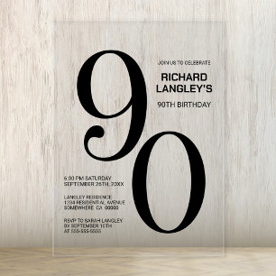 Modern Bold Black Text 90th Birthday Party Acrylic Invitations