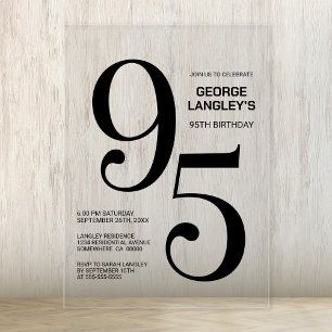 Modern Bold Black Text 95th Birthday Party Acrylic Invitations