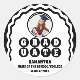 Modern Bold Black White Wavy Arch Photo Graduation Classic Round Sticker
