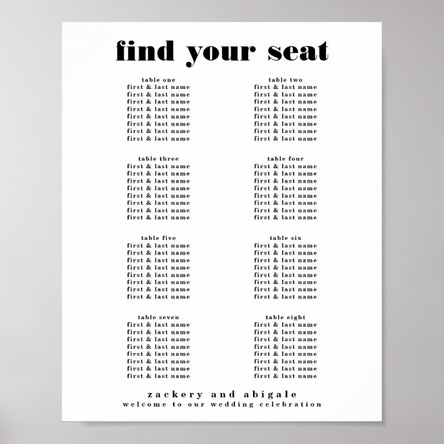Modern Bold Black White Wedding Seating Chart Sign (Front)