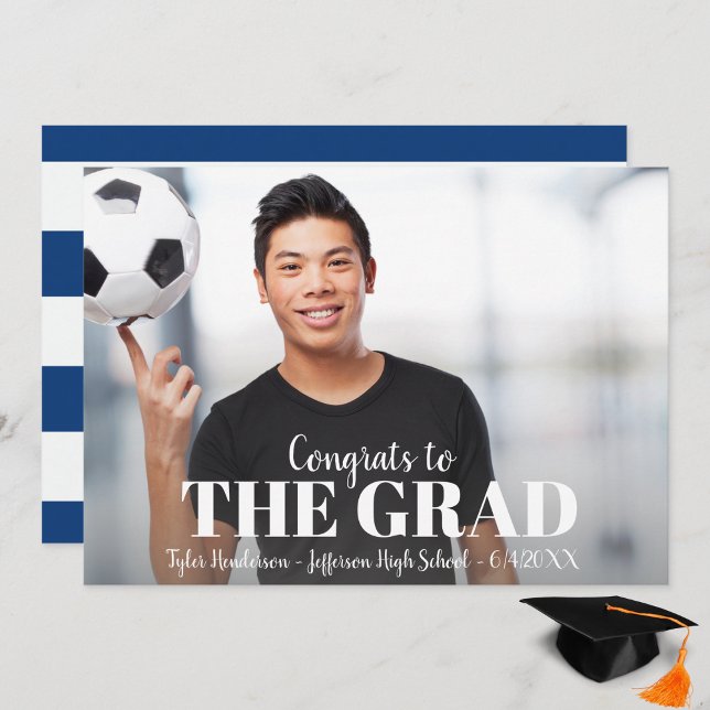Modern Bold Blue Stripe Graduation Photo Party Invitation (Creator Uploaded)