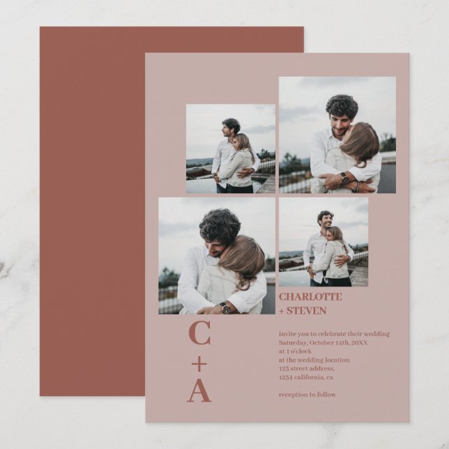 Modern bold boho brown 4 photos grid wedding invitation (Front/Back)