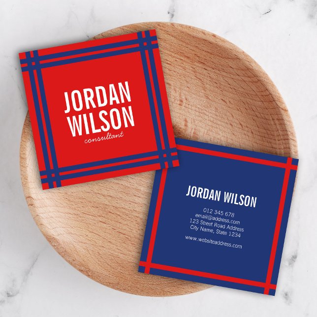 Modern Bold Border Red and Blue Square Business Card (Creator Uploaded)