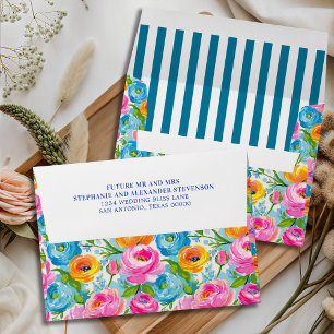 Modern Bold Bright Colourful Floral Stripe Wedding Envelope