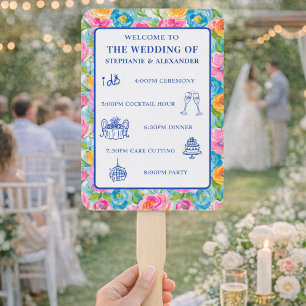 Modern Bold Bright Colourful Floral Wedding Progra Hand Fan