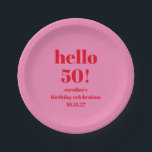 Modern Bold Bright Pink Red 50th Birthday Custom Paper Plate<br><div class="desc">Modern Bold Bright Pink Red 50th Birthday Custom Paper Plates. All text is editable so can be used for any age.</div>
