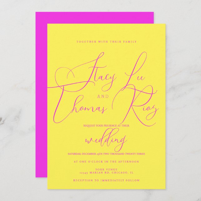 Modern Bold Bright Pink Yellow  Script Wedding  Invitation (Front/Back)