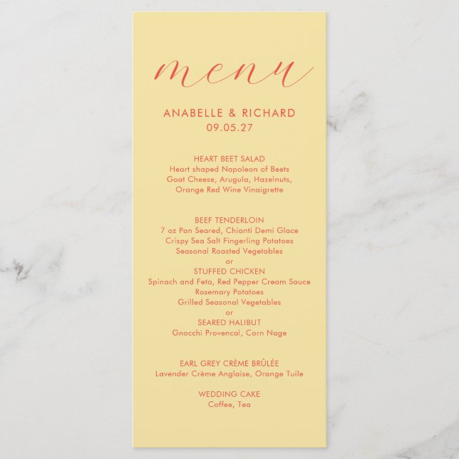 Modern Bold Buttercream Yellow Wedding Menu (Front)
