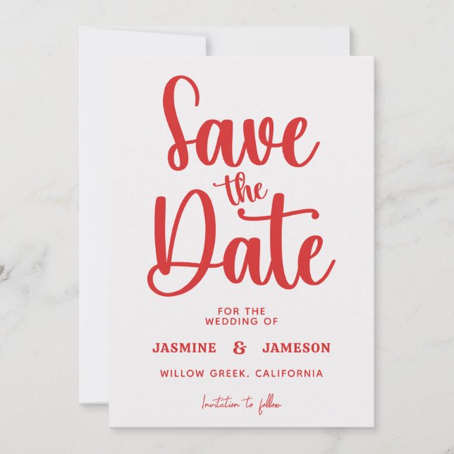 Modern Bold Casual Red Script Photo Wedding Retro Save The Date (Front)
