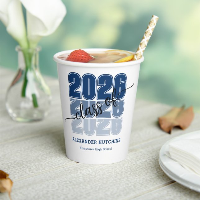 Modern Bold Class 2026 Navy Blue Graduation Party Paper Cups (Insitu)