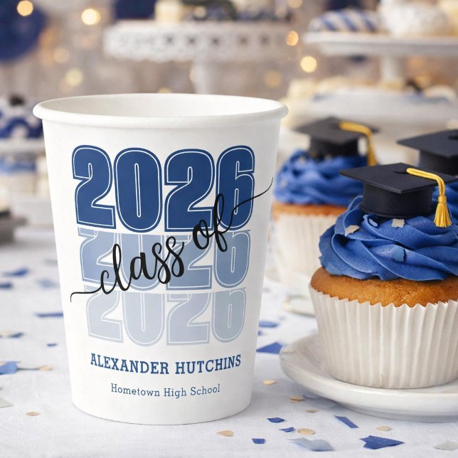 Modern Bold Class 2026 Navy Blue Graduation Party Paper Cups (Creator Uploaded)