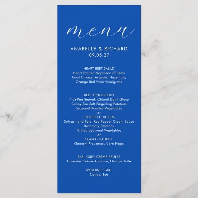 Modern Bold Cobalt Blue White Wedding Menu (Front)