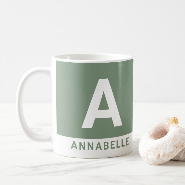 Modern bold colorblock sage green personalised coffee mug (With Donut)