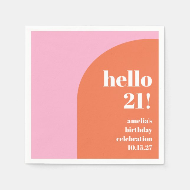 Modern Bold Cute Pink Orange 21st Birthday Custom Napkin (Front)